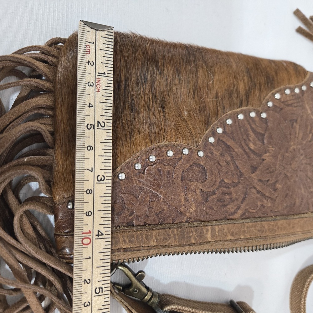 Montana West Genuine Leather Cowhide Fringe Crossbody Clutch Brown Western - Picture 12 of 14